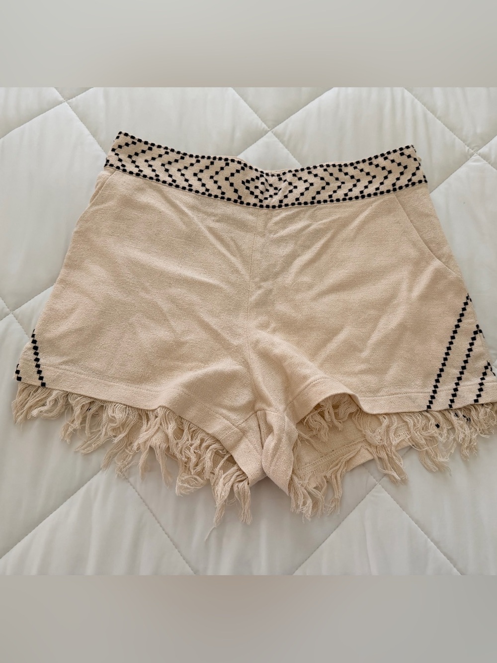 Gypset Fringed Hem Cream Women's Shorts with Contrast Trim. Small
